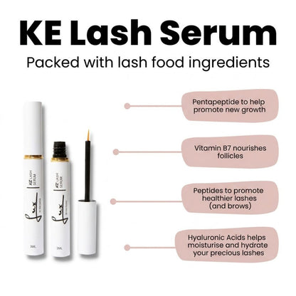 Award winning best lash serum with callouts explaining pentapeptide to help promote new growth, vitamin b7 nourishes follicles, peptides to promote healthier lashes (and brows), hyaluronic acids helps moisturise and hydrate your precious lashes.