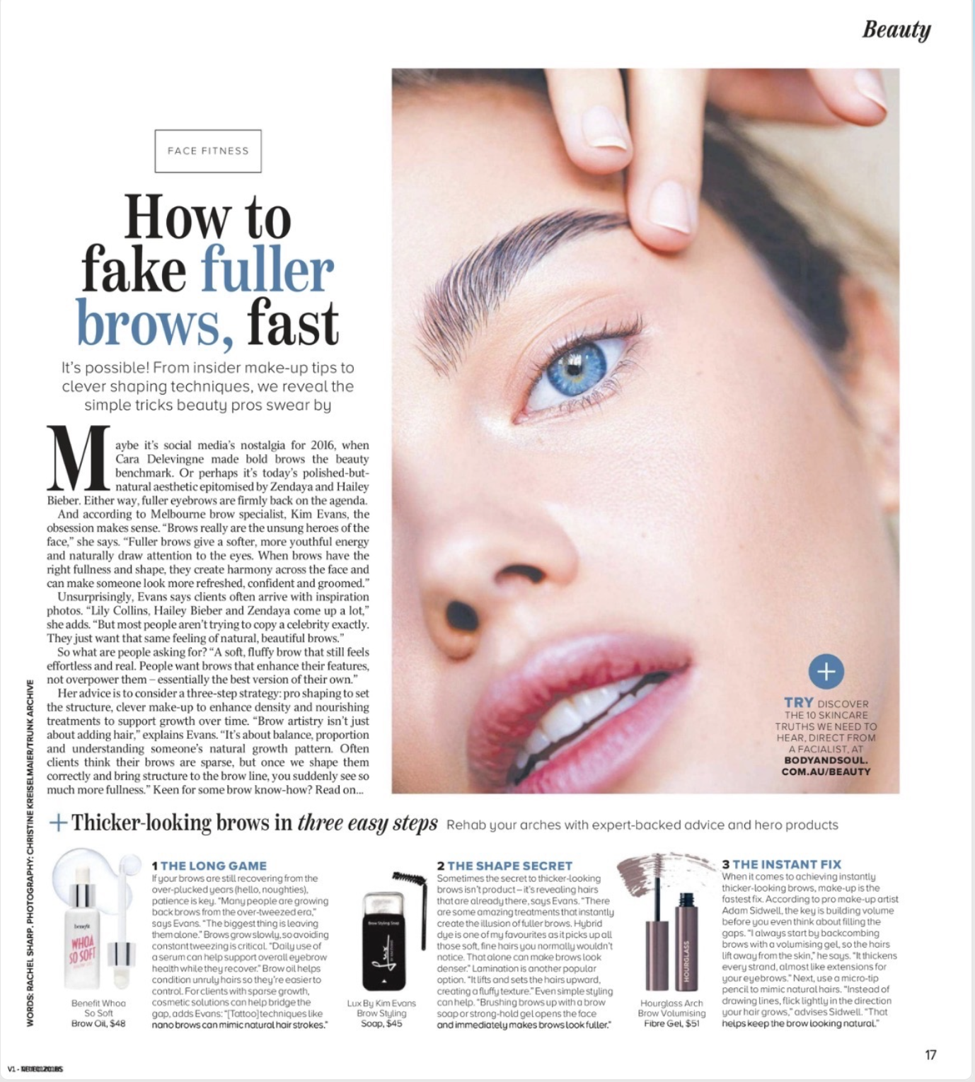 Magazine feature on eyebrow shaping by Kim Evans, highlighting tips for achieving fuller brows and expert advice on eyebrow makeup.